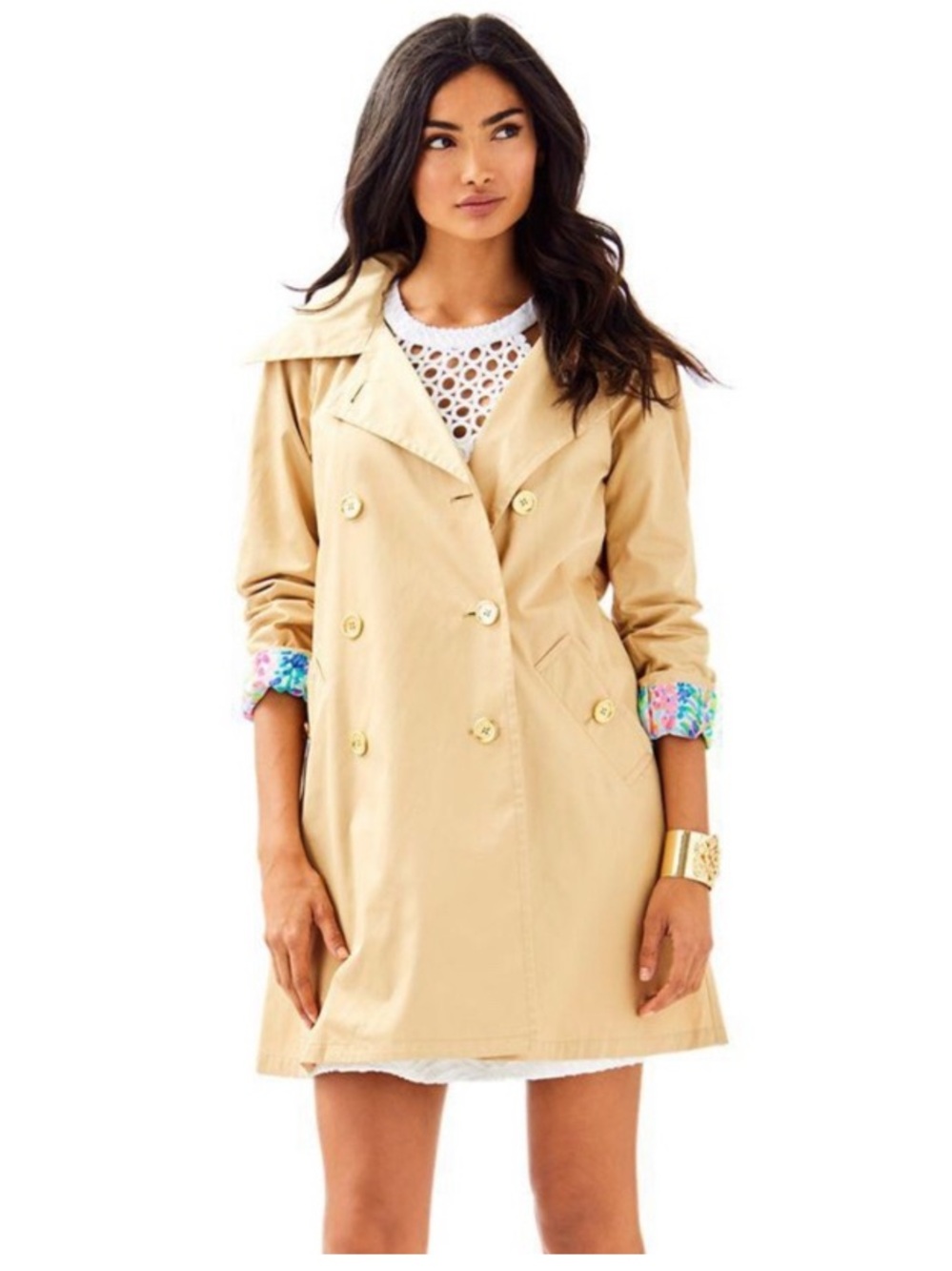 Lilly Pulitzer Tan Double-Breasted Trench Coat with Floral Cuff - Never Worn -